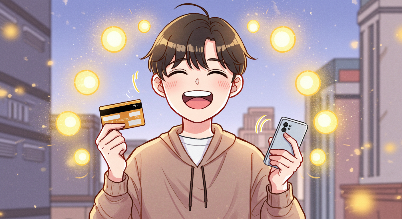 한국만화풍으로 환하게 웃으며 카드와 스마트폰을 든 인물
