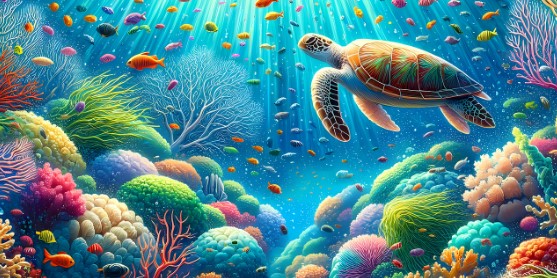 형형색색의 아름다운 산호초가 보이고 예쁜 물고기들과 거북이가 헤엄치고 밝은 빛이 들어오고 있는 바닷속 세상을 아름답고 따뜻하게 그린 만화풍의 그림