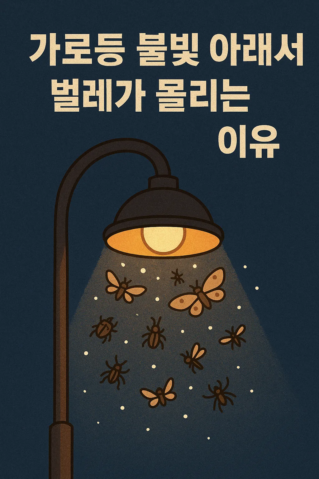 가로등-불빛-아래로-몰려드는-다양한-벌레를-묘사한-어두운-밤의-일러스트, 벌레들의-행동-원인을-설명하는-주제에-적합한 이미지