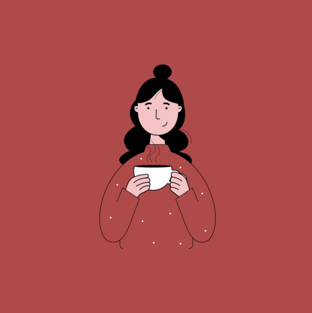 붉은색 배경과 톤온톤 빨간 스웨터를 입은 여성이 김이 모락모락 나는 하얀 컵을 두 손으로 감싸 쥐고 미소 짓고 있는 귀여운 플랫 스타일 일러스트