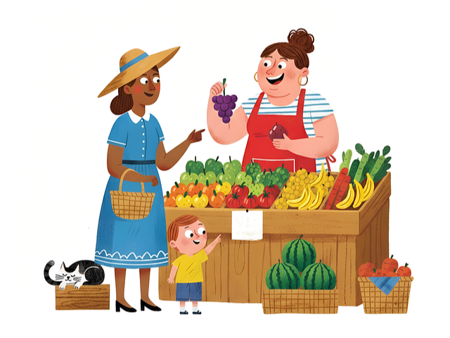 부모와 자녀가 함께 쇼핑하며 소비 습관이 형성되는 과정을 보여주는 이미지다.