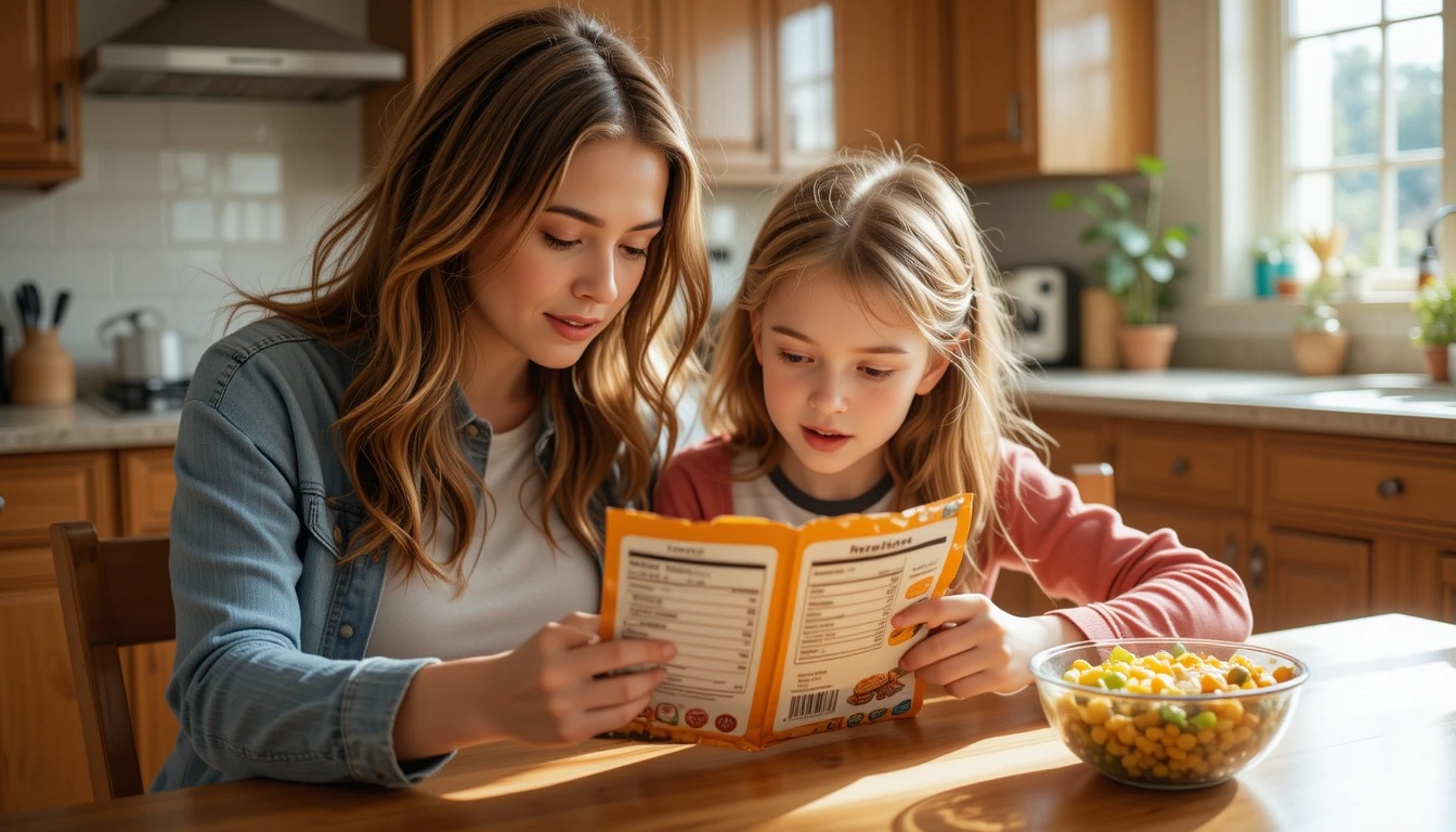 엄마와 아이가 함께 성분표를 보는 모습