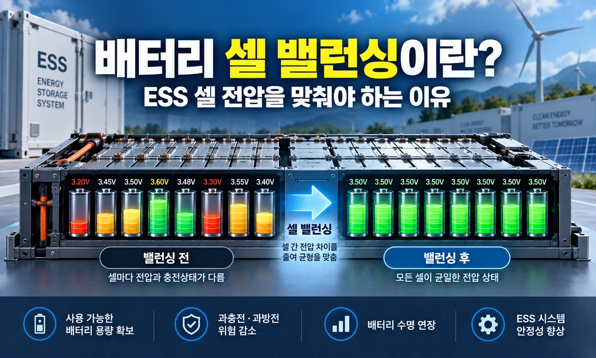 배터리 셀 밸런싱 전후 ESS 셀 전압 차이를 비교한 인포그래픽