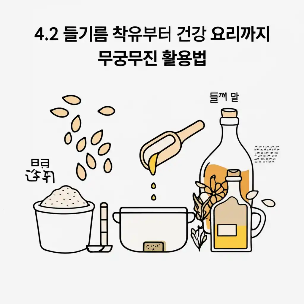 섹션 4.2: 들깨 한말에서 착유된 들기름과 건강 요리 활용법을 보여주는 이미지.