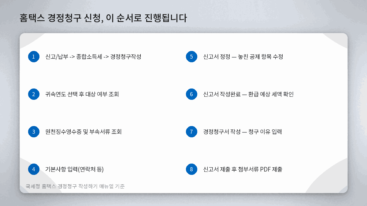 홈택스 경정청구 신청 절차 8단계 흐름도