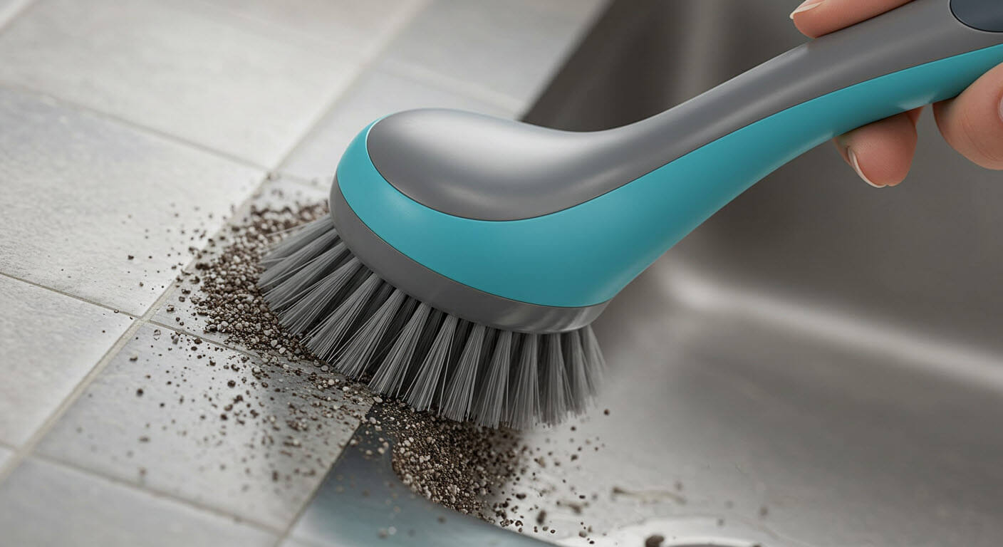 브러시로 흙을 털고 있다