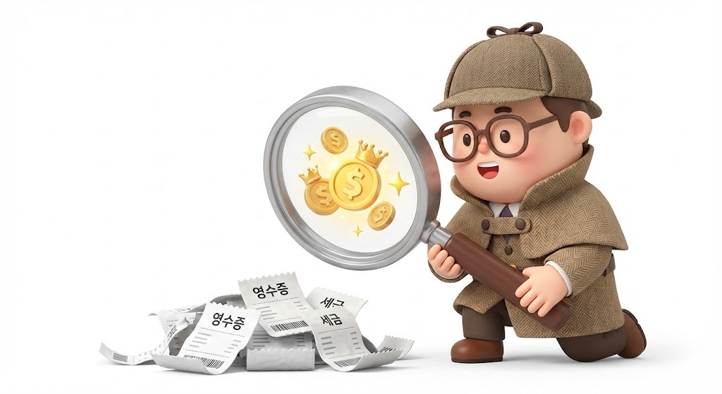 돋보기를 든 탐정 캐릭터가 흩어진 영수증 더미 속에서 황금 동전을 찾아내는 일러스트
