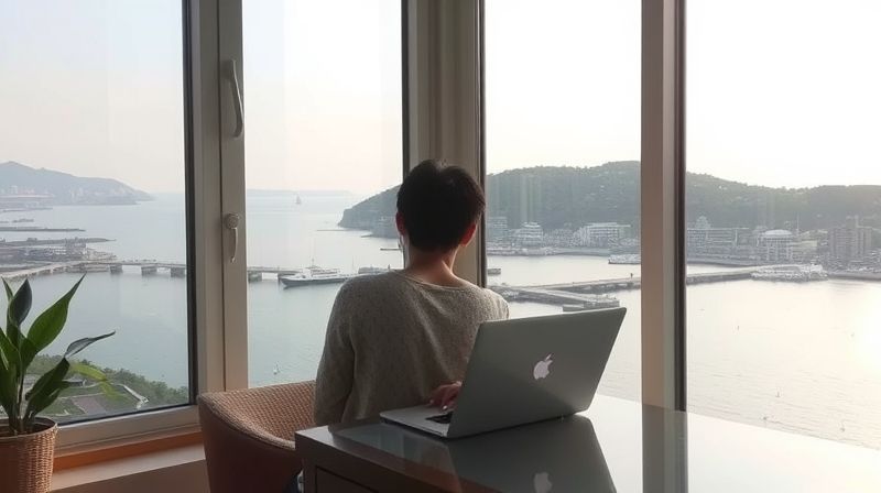 해안가 마을이 보이는 창가에서 노트북으로 일하는 사람