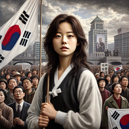 현대적인 배경에서 한 젊은 한국 여성이 태극기를 들고 시위에 참여하고 있다. 주변에는 다양한 연령대의 사람들이 피켓과 현수막을 들고 함께 서 있다. 뒤편으로는 도시 풍경과 구름 낀 하늘이 보인다.