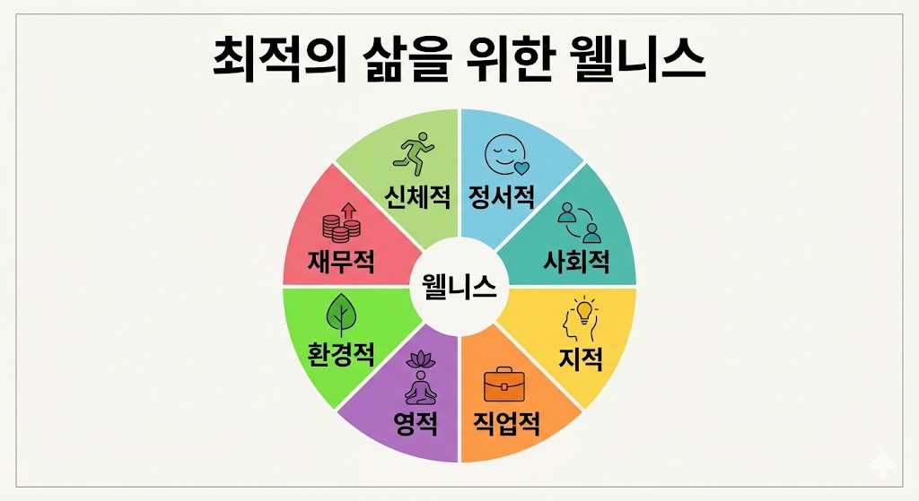 8가지 색상으로 구분된 원형 차트 중심에 '웰니스'가 적혀 있습니다. 신체, 정서, 사회, 지적, 직업, 영적, 환경, 재무 영역이 각각의 아이콘 및 한글 명칭과 함께 대칭을 이루며, 전체적으로 삶의 조화와 균형을 시각화한 심플한 플랫 디자인 이미지입니다.