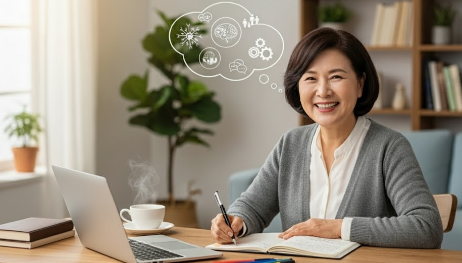 60대 여성이 100세시대 새로운 도전으로 블로그 글쓰기를 배워 노트북 앞에서 글쓰는 모습