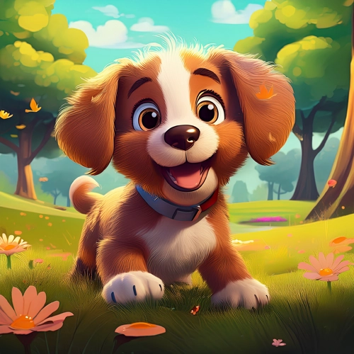 만화 스타일의 공원에서 노는 강아지