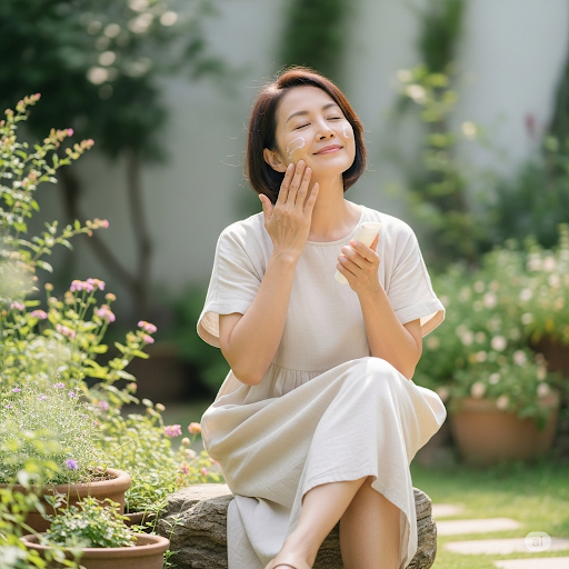 중년여성이선크림바르는모습