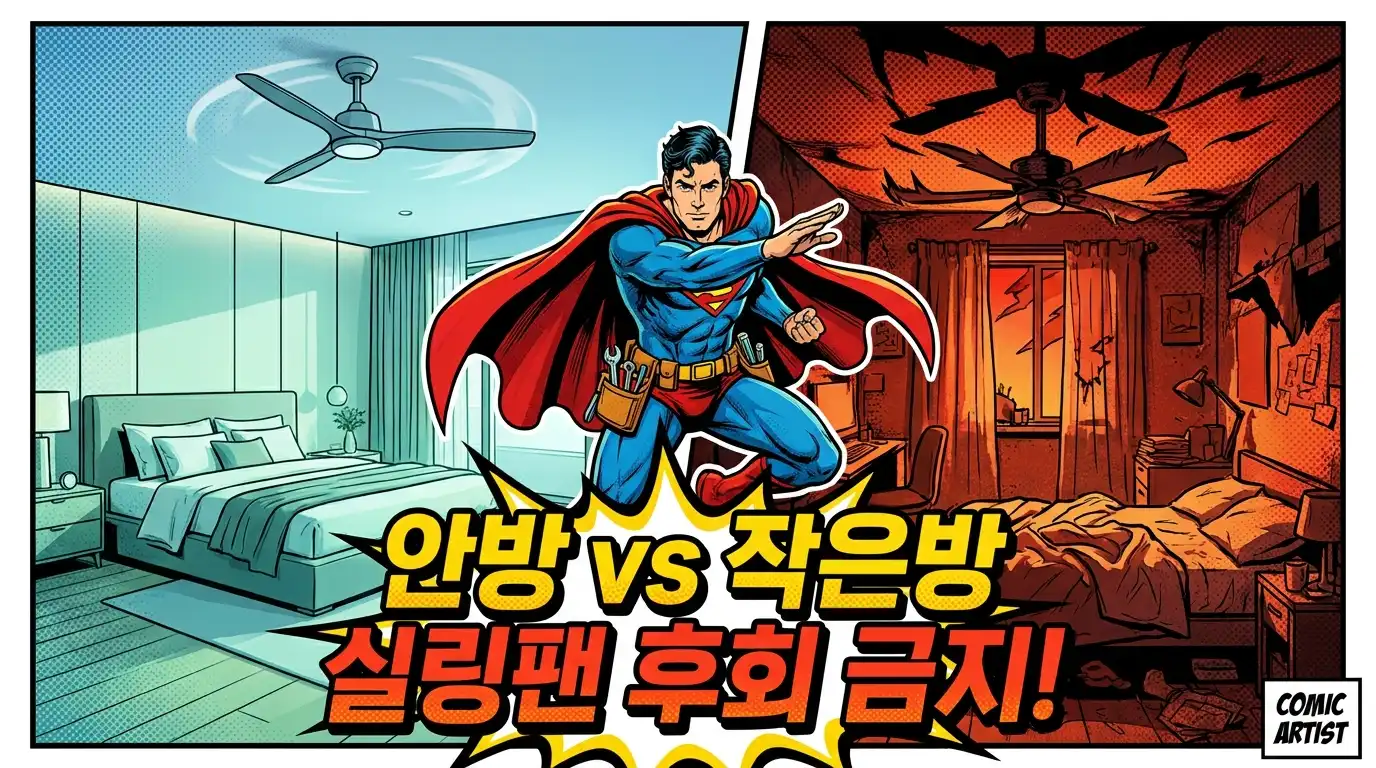 망토를 두른 코믹북 스타일의 슈퍼히어로가 침대 위 천장에 설치된 실링팬을 보며 당황하는 일러스트레이션 바탕에, '안방 VS 작은방 실링팬 후회 금지! 위치와 크기가 중요해요!'라는 한국어 헤드라인이 굵게 강조된 유튜브 썸네일입니다.