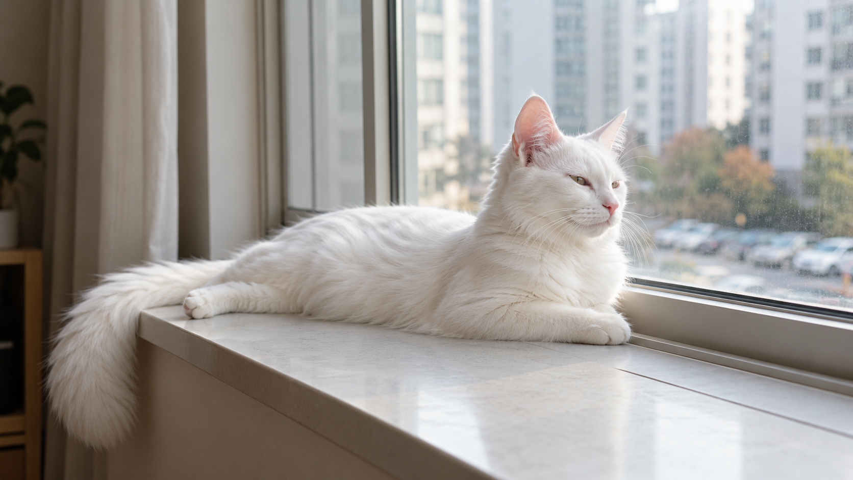 창틀 위에서 몸을 늘이고 앉은 고양이