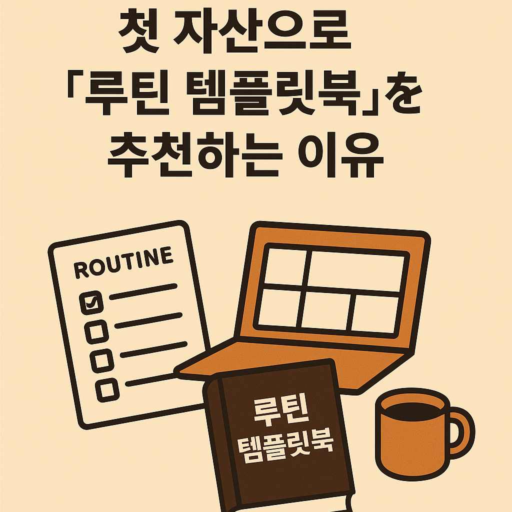 루틴 템플릿북을 첫 디지털 자산으로 추천하는 컨셉의 썸네일 &ndash; 체크리스트, 노트북, 책, 커피잔이 포함된 따뜻한 일러스트 이미지