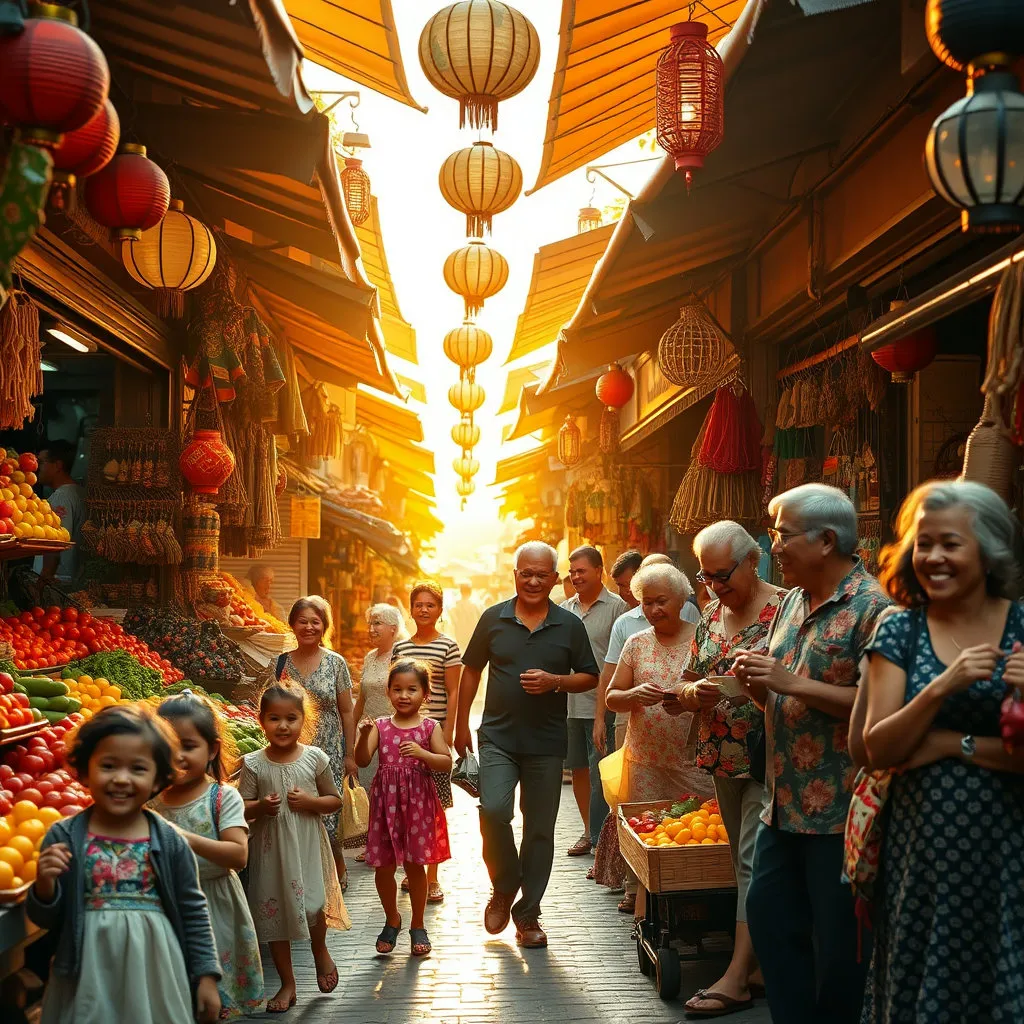 따뜻한 빛이 스며드는 전통시장 골목에서 다양한 연령대의 사람들이 환하게 웃으며 쇼핑하는 모습을 담아주세요. 배경에는 '상생페이백' 로고가 부드럽게 강조되어 정책의 긍정적인 이미지를 전달합니다.