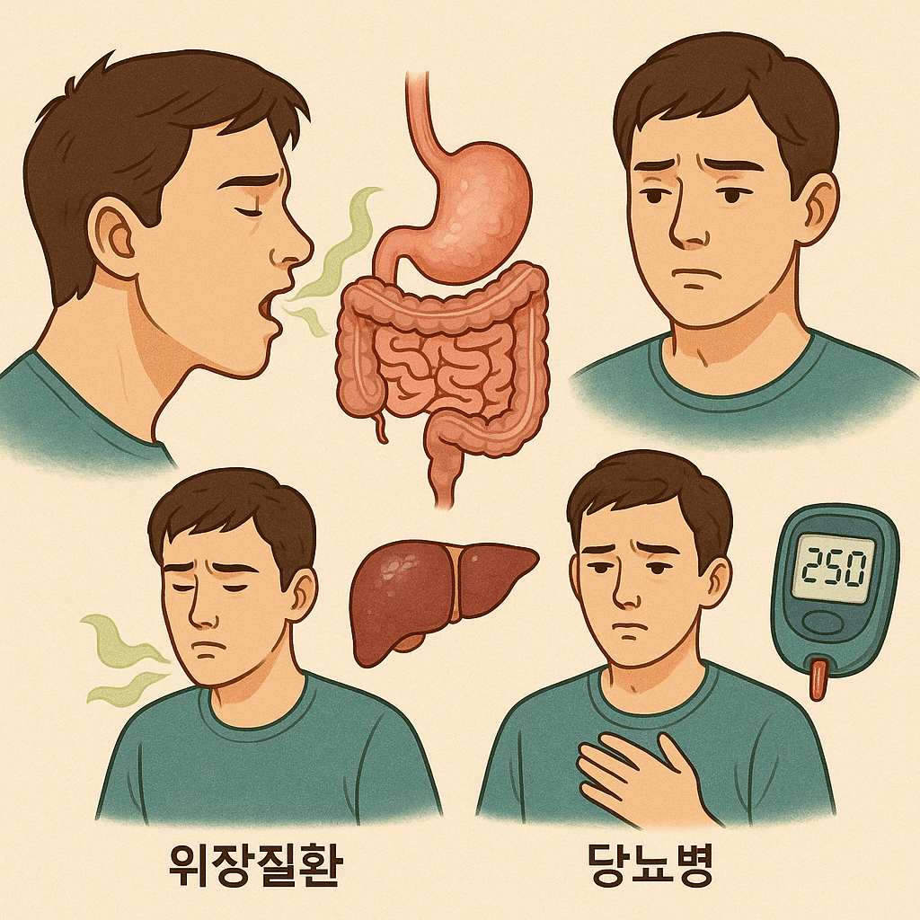 입냄새 유발 질환인 위장질환과 당뇨병 그리고 간질환에 대해 표현한 이미지