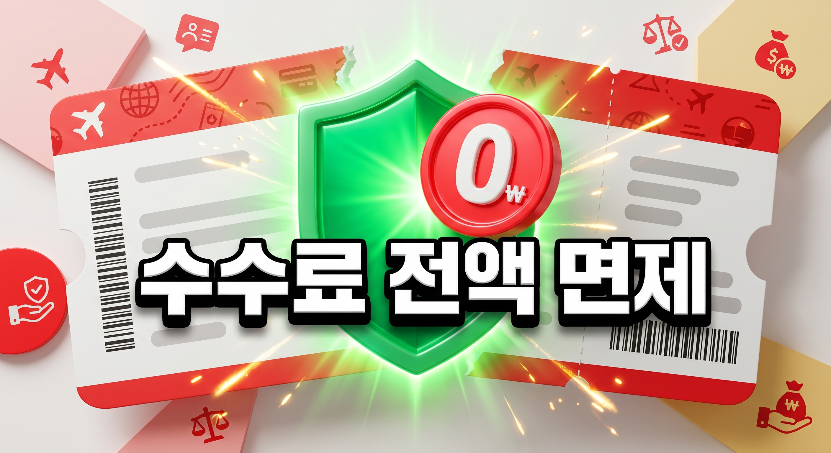 반으로 찢어지는 디지털 항공권 중앙에서 수수료 0원을 상징하는 빛나는 초록색 방패와 붉은색 '0' 동전이 나타나며 황금빛 불꽃이 튀는 3D 일러스트 배경에, 짙은 그림자와 외곽선으로 선명하게 강조된 '수수료 전액 면제'라는 한글 문구가 중앙에 적힌 이미지