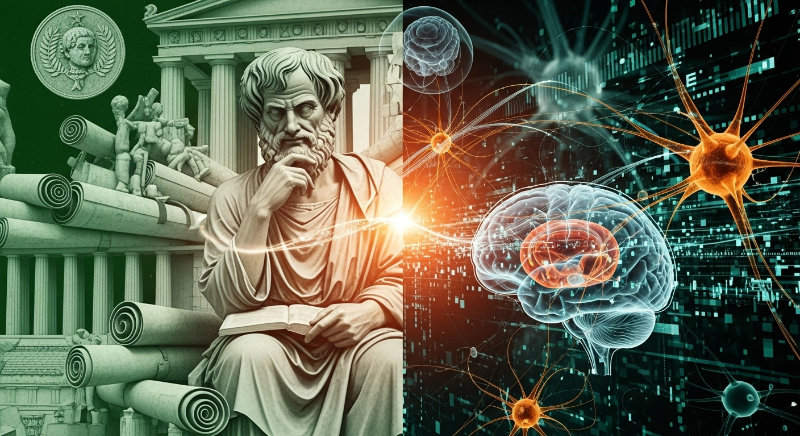 고대 그리스 철학자와 현대 뇌 과학 요소가 조화롭게 어우러진 콜라주 이미지. 습관 형성 이론의 역사적 발전을 시각적으로 표현.