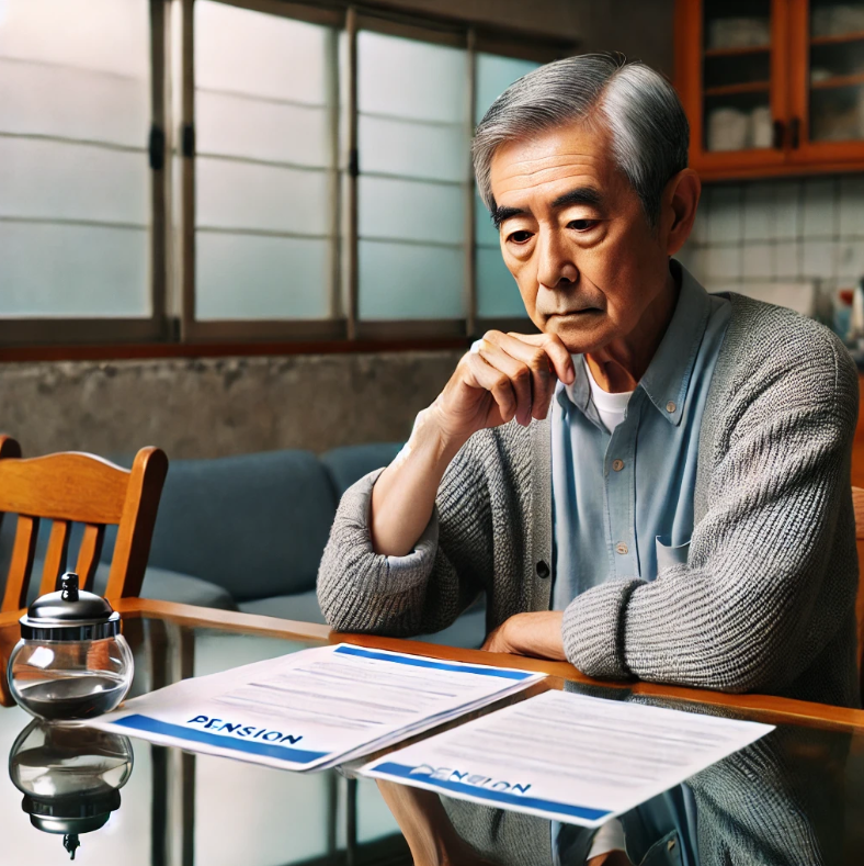 자택에서 연금 관련 서류를 검토하며 노후계획을 세우고 있는 모습