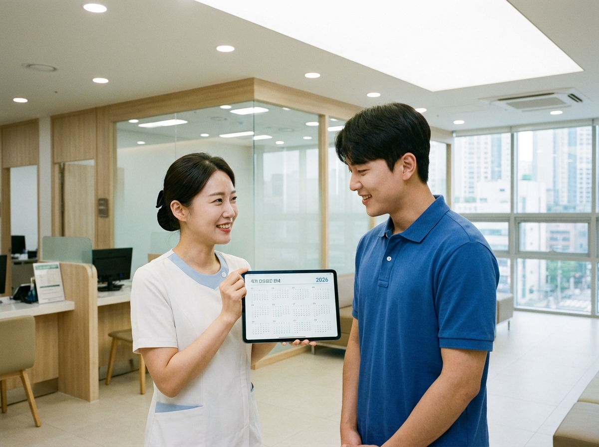 깔끔한 병원 건강검진 센터에서 무료 검진을 마치고 밝게 웃으며 검진 안내 카드를 보는 건강한 청년의 모습