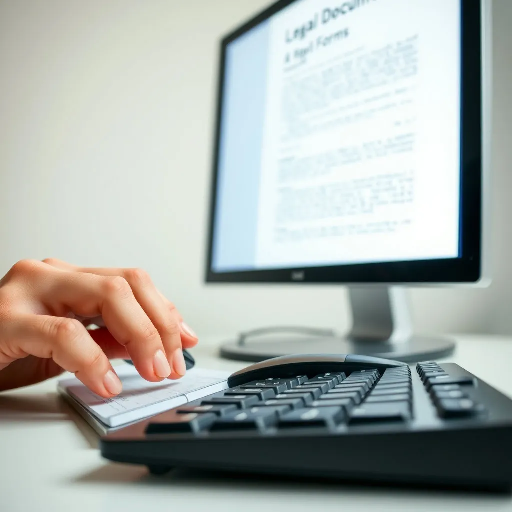 키보드와 마우스를 사용하는 손의 클로즈업 사진에, 모니터 화면에는 법률 문서 양식이나 중요한 문장이 또렷하게 보이는 모습입니다.