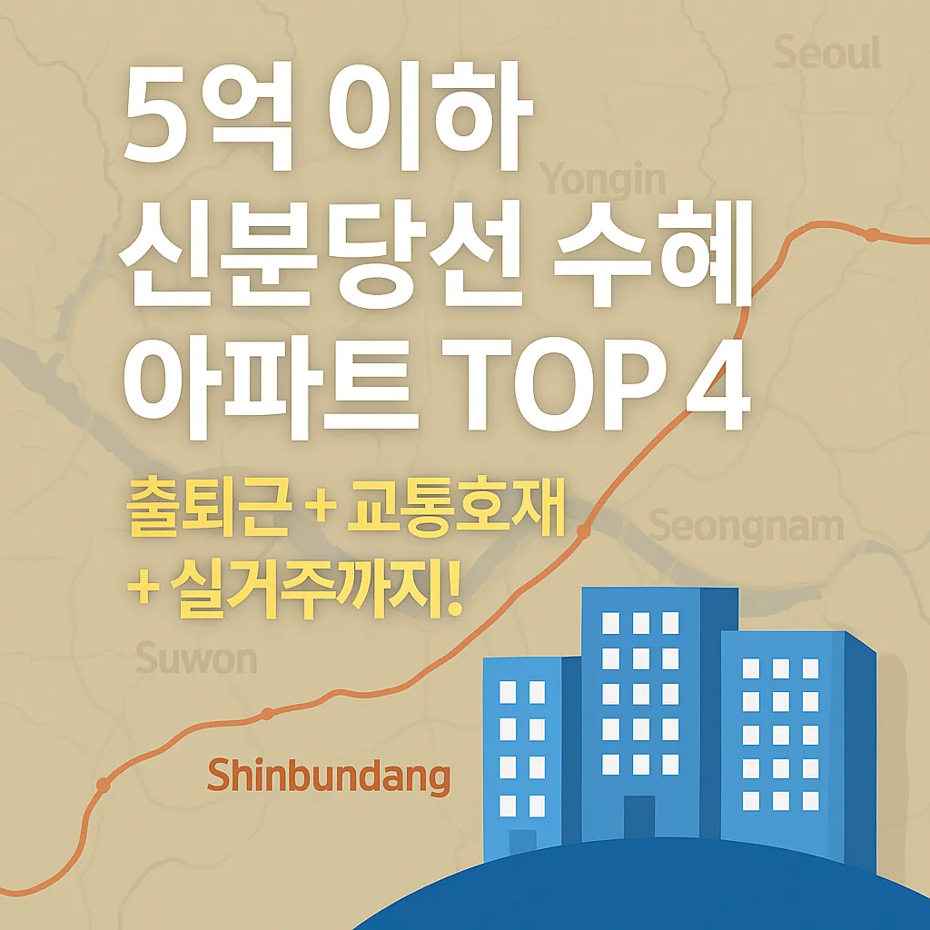 신분당선 수혜 아파트 TOP 4를 소개하는 썸네일 이미지 – 5억 이하 아파트, 교통 호재, 실거주 추천 요약