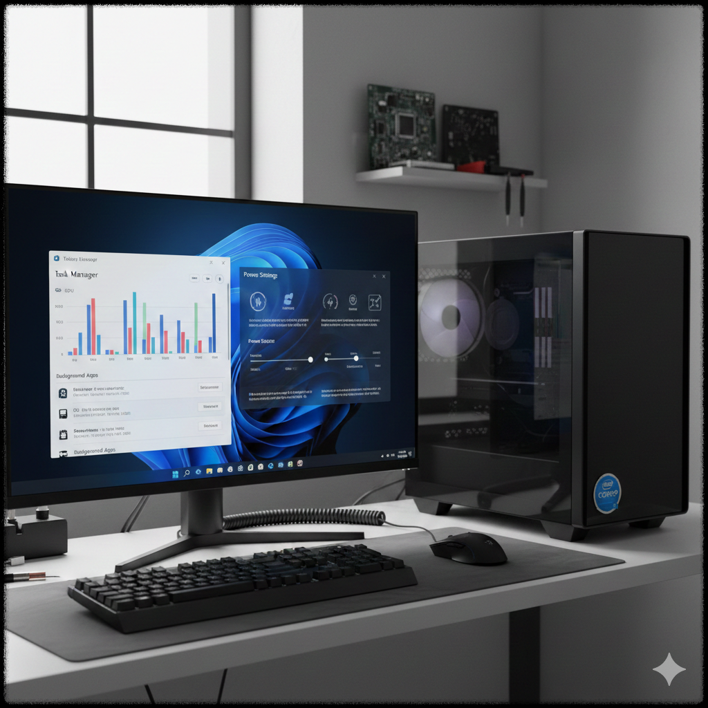 Windows 11에서 전원 모드와 백그라운드 앱을 최적화해 게임 성능을 높이는 모습