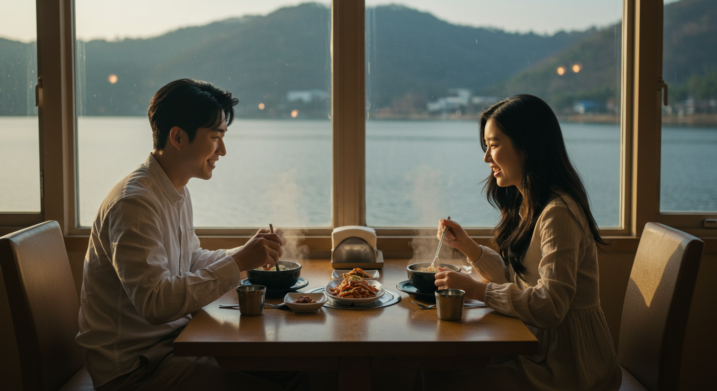 춘천 호수뷰 레스토랑에서 한국인 연인이 창가에서 식사하는 모습