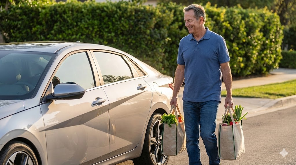 세련된 아반떼 옆에서 장을 보고 나오며 만족해하는 50대 남성의 모습. '2천만 원대의 행복' 카피 강조