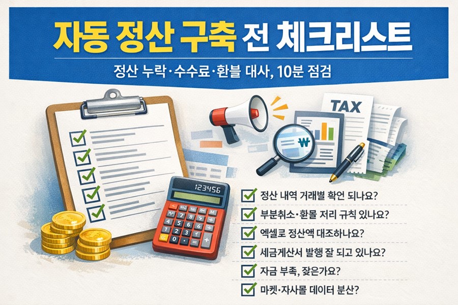 자동 정산 시스템을 구축하기 전에 정산 누락, 수수료 차감, 환불 대사를 점검하는 체크리스트를 정리한 인포그래픽입니다.