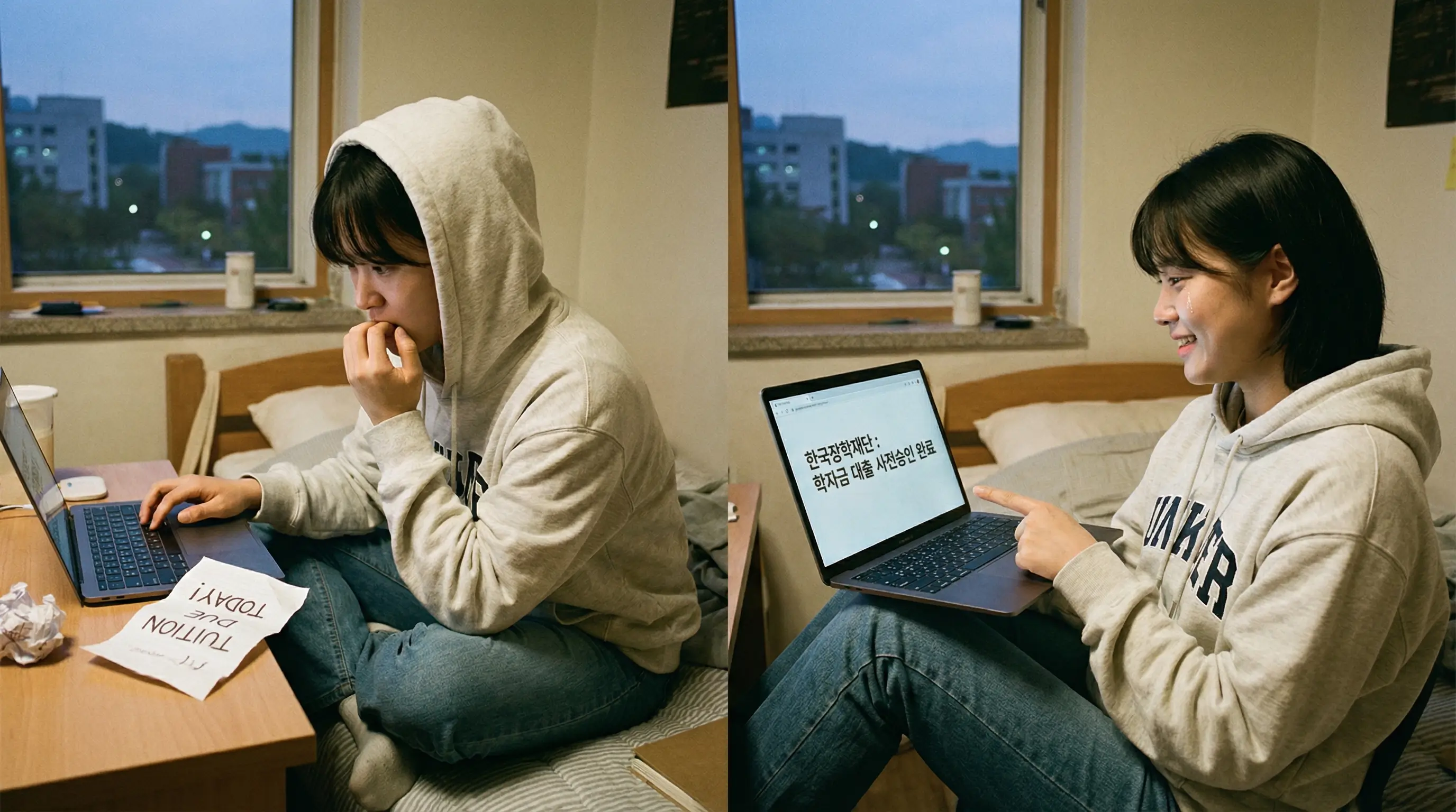 등록금 납부 마감 시간이 다가와 초조해하는 대학생이 학자금 대출 사전승인 제도를 알게 되고 안도하는 모습