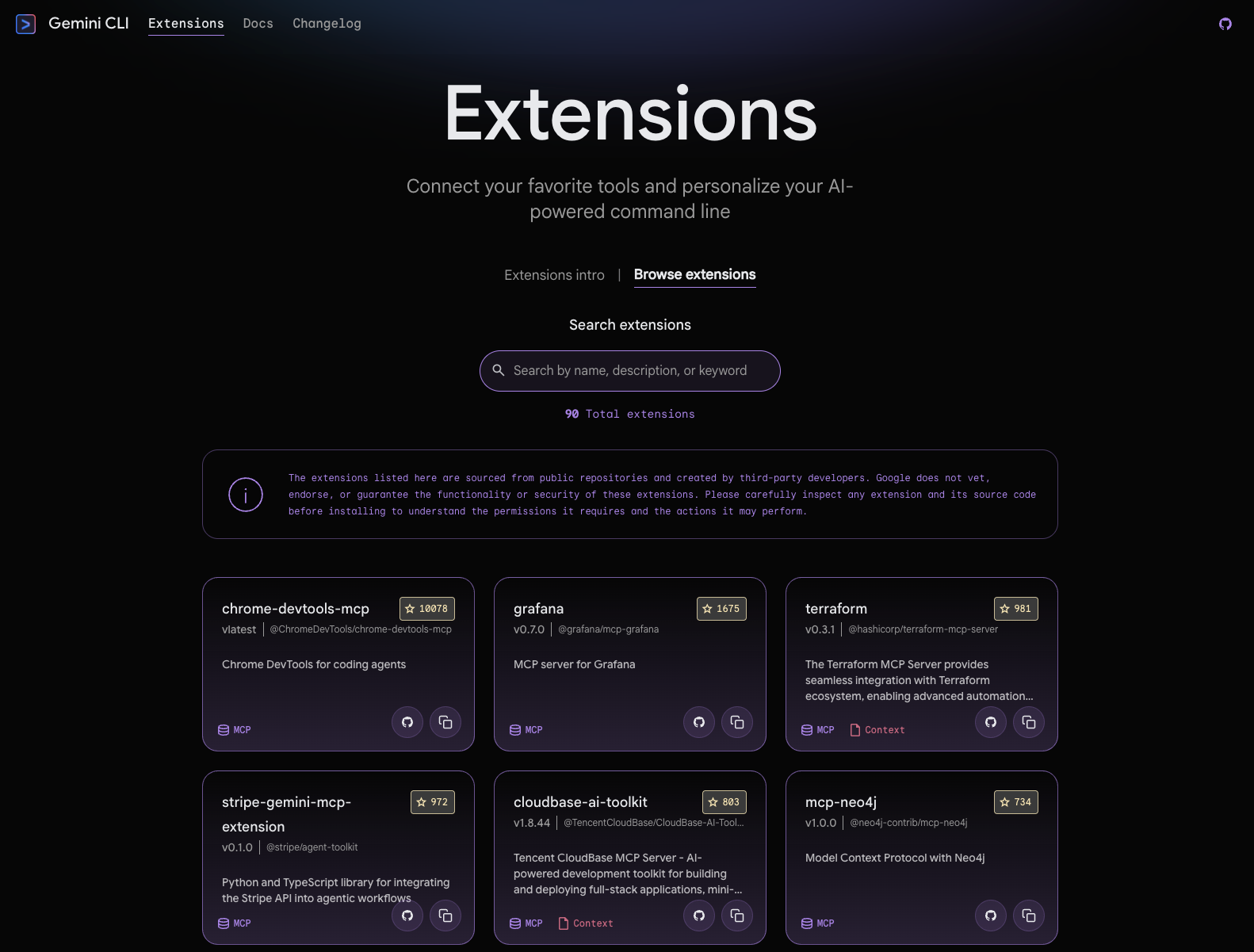 gemini cli extensions 공식 홈페이지 화면 스크린샷