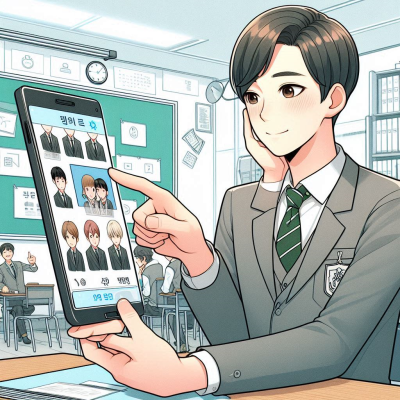 교실에서 학생들이 사진을 찍고 있는 장면.