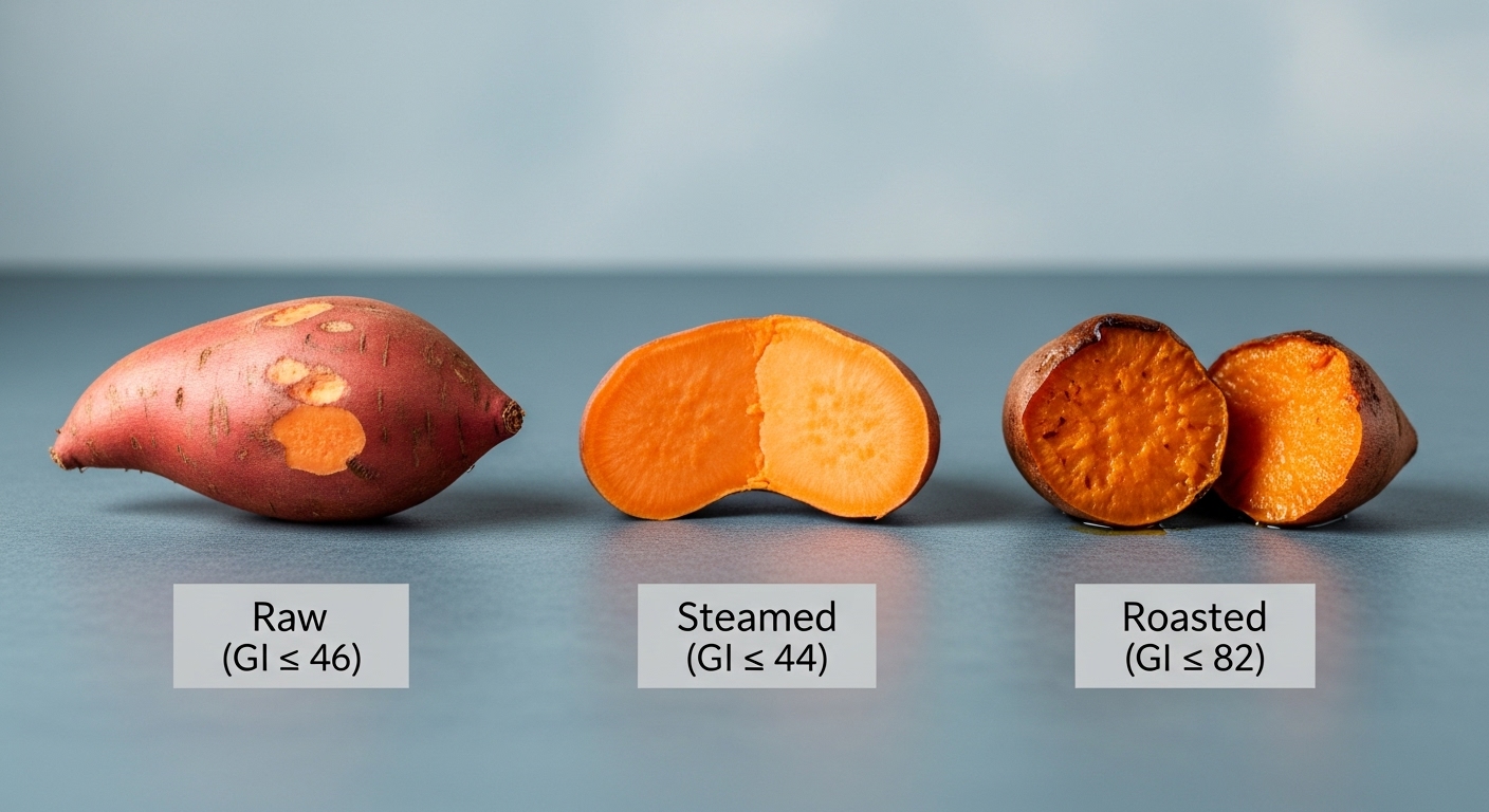 생고구마, 찐고구마, 군고구마가 GI 지수와 함께 나열되어 있는 비교 이미지