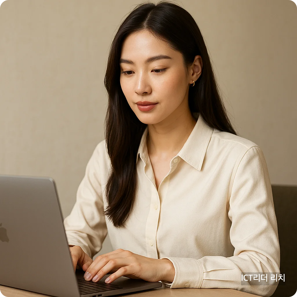 실사형 이미지로 연예인 모델급 20대 여성이 블로그 자동화 시스템을 조작하는 모습
