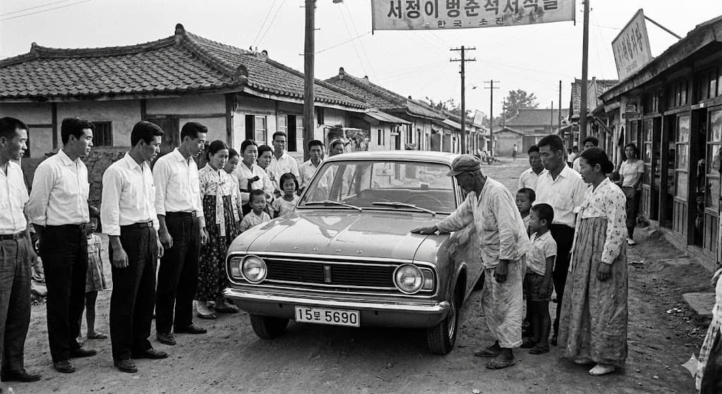 1966년 병오년 한국 신진자동차 코티나 마크2 흑백 사진, 동네 사람들이 자가용 주변에 모여 구경하는 장면