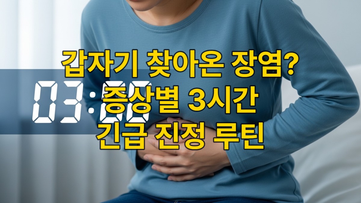 복통에 괴로워하는 사람이 배를 움켜쥐고 있는 모습, 3시간이라는 시간과 빠른 회복을 상징하는 파란색 그라데이션이 강조되어 장염의 급한 상황과 진정의 필요성을 나타냄.