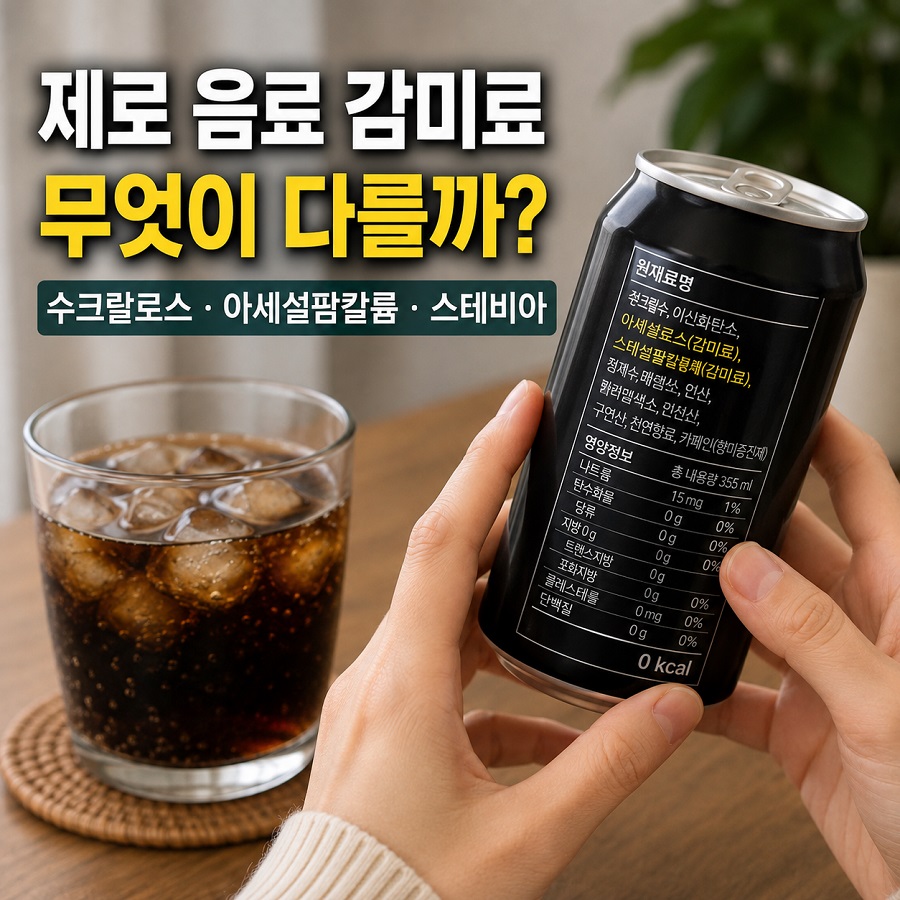 제로 탄산음료와 함께 수크랄로스 아세설팜칼륨 스테비올배당체 원재료명을 살펴보는 장면