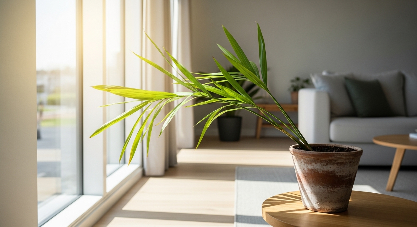 창가 방향으로 한쪽으로만 기울어 자라는 실내 식물 모습