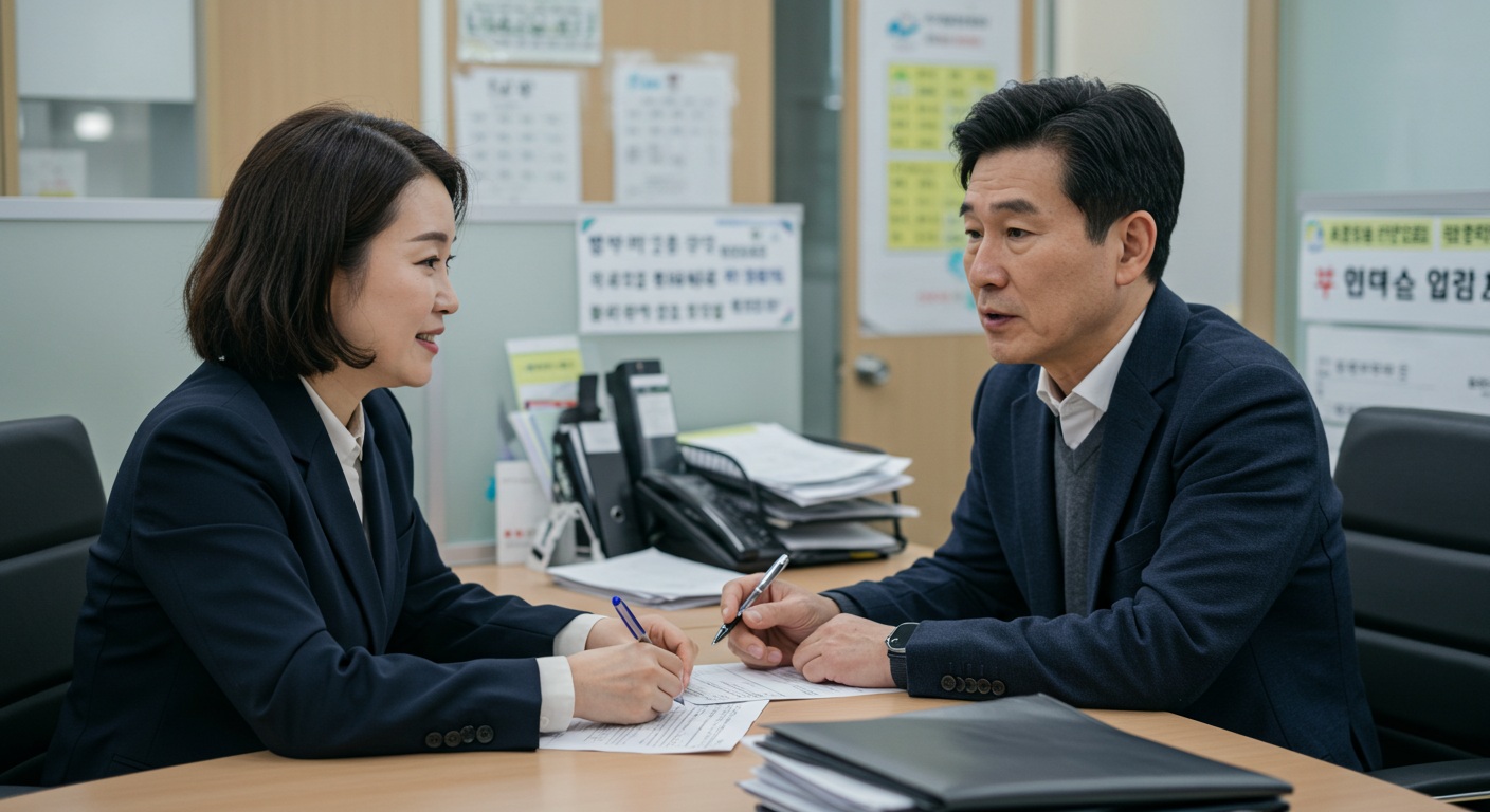 한국 중년 남성이 주민센터에서 상담을 받는 모습, 직원과 대화 중인 장면