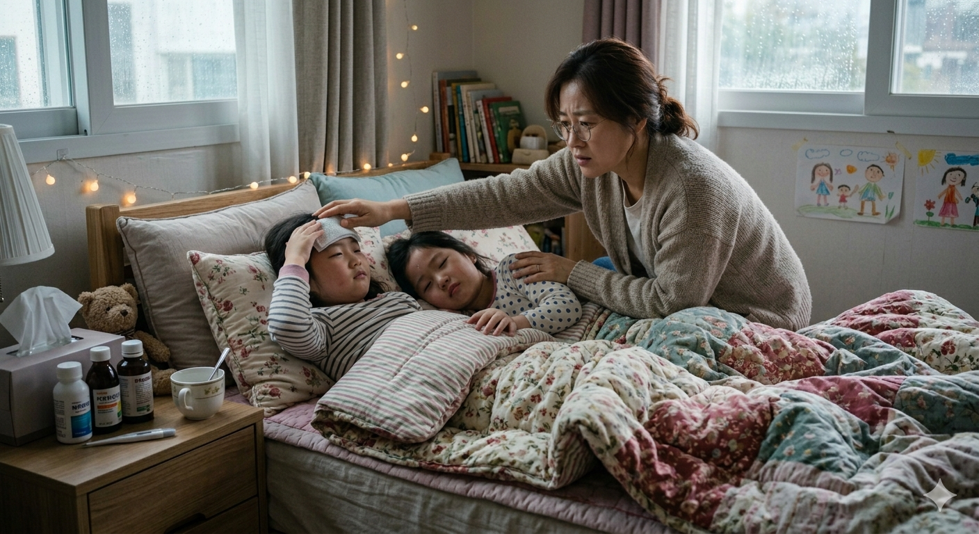 씽둥이 아이들이 아파서 돌보고 있는 엄마의 모습