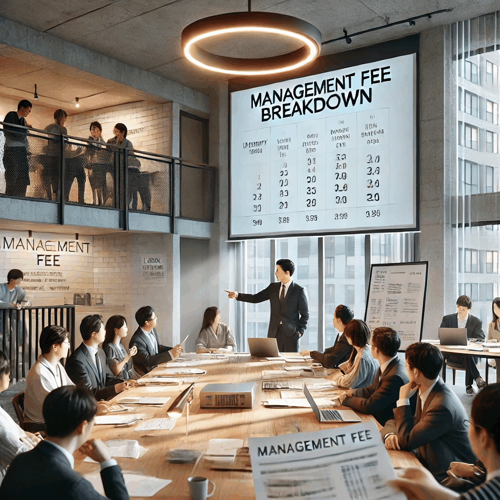 한국의 현대 아파트 단지에서 다양한 연령대의 주민들이 관리비 문제를 놓고 회의하는 장면.