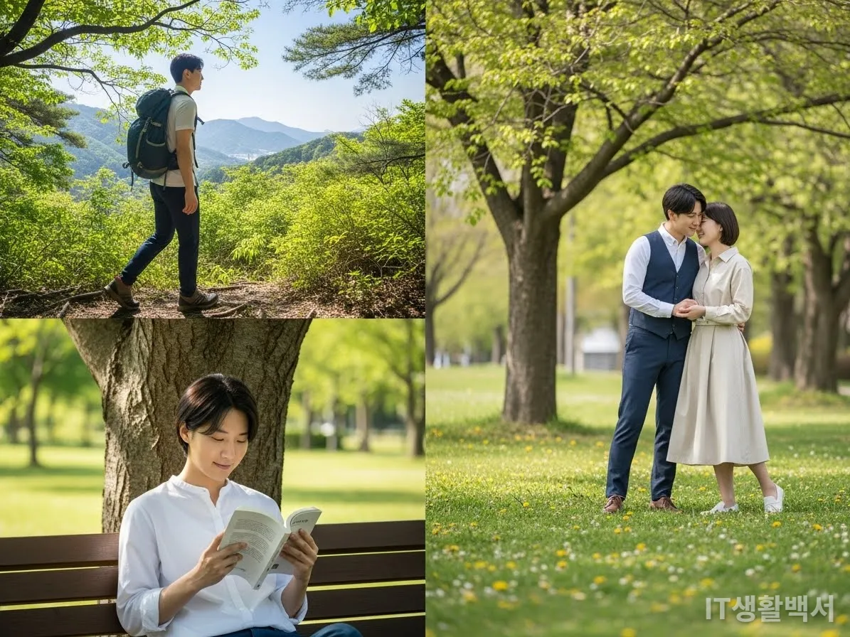 2027년, 디지털 웰빙 앱으로 스마트폰 사용을 관리하며 건강한 여가 생활을 즐기는 한국인의 모습