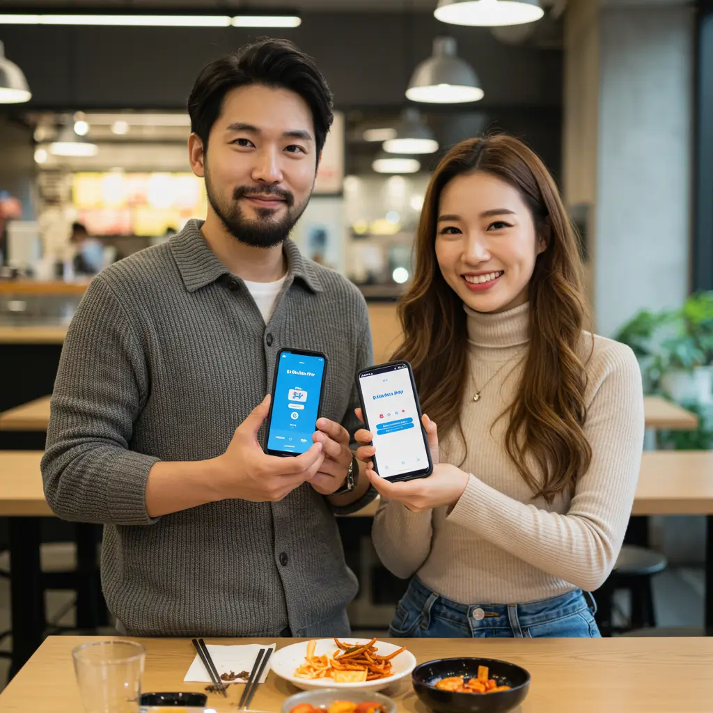 음식을 먹고 더치페이로 계산하고 있는 한국인 커플의 모습