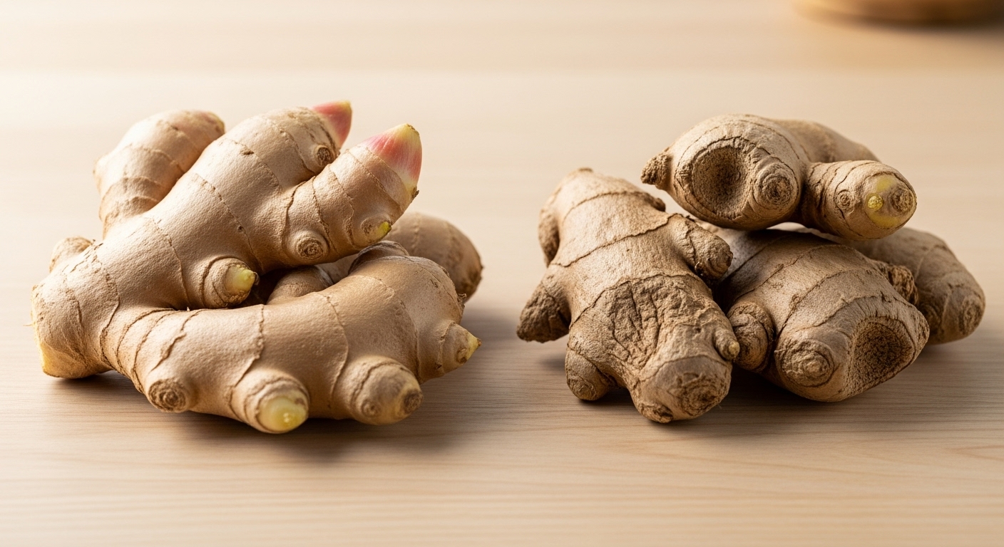 신선하고 통통한 생강과 오래되어 마른 생강을 비교하는 이미지