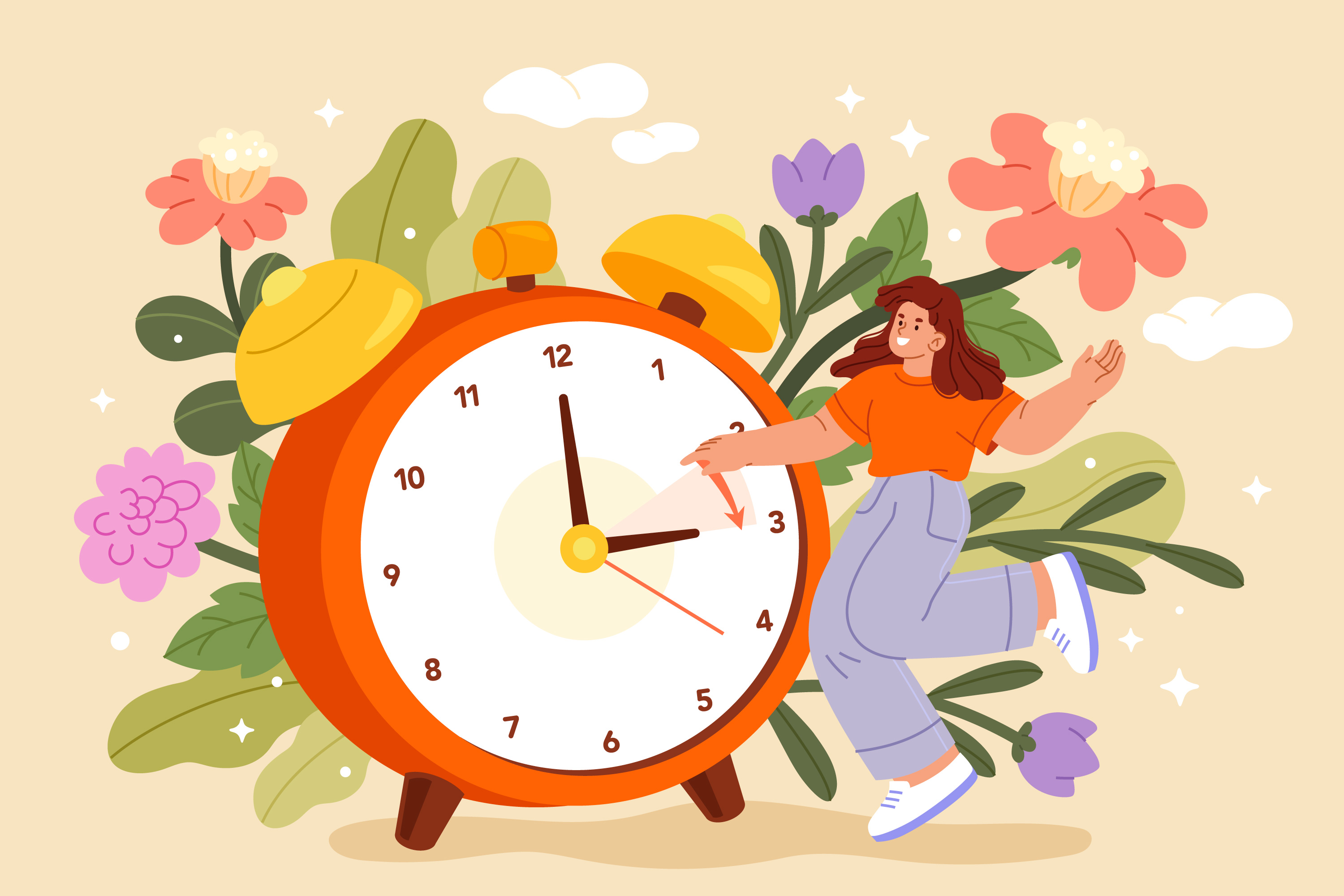 꽃으로 둘러싸인 커다란 알람시계 옆에서 한 여성이 시계 바늘을 앞으로 돌리는 모습의 일러스트