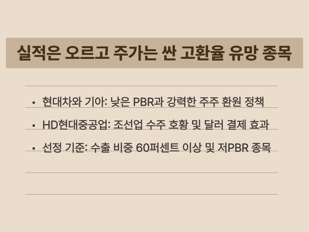 실적 개선이 기대되는 저평가 수출 우량주 분석 요약 카드