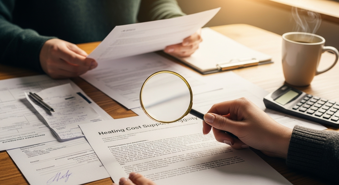 돋보기로 난방비 지원 자격 서류를 확인하는 이미지